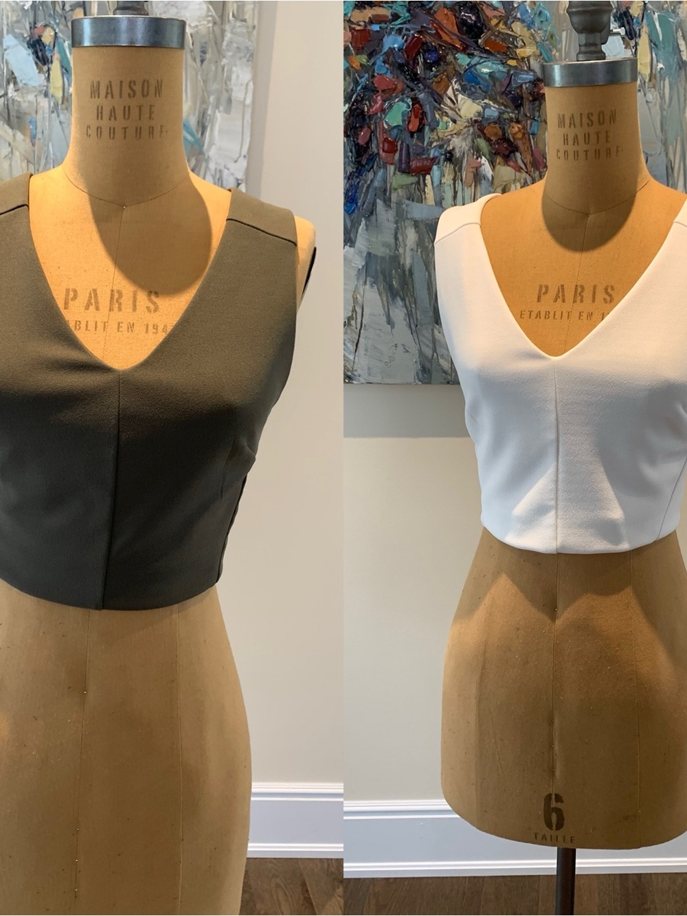 2 V-Neck Cropped Tank Top - cream coloured and Olive